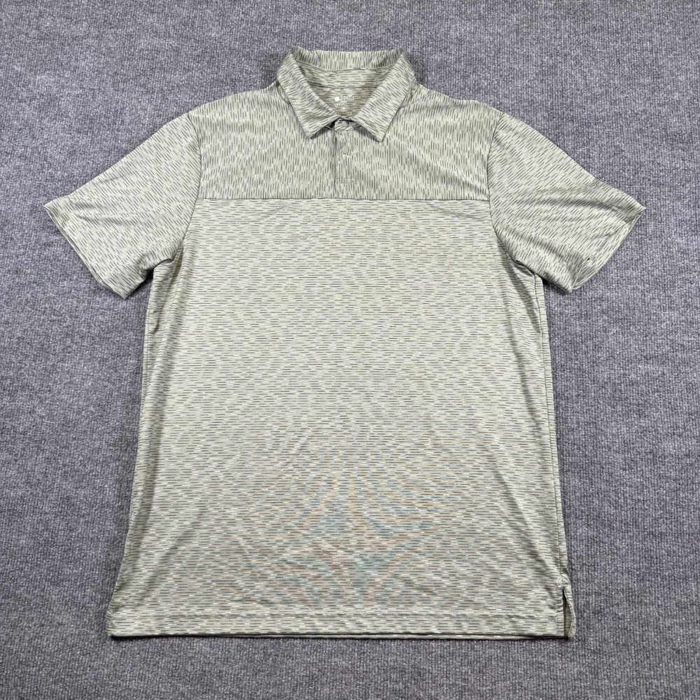 Zella Polo Shirt Men Medium‎ Green Stripe Short Sleeve Activewear Snap Stretch